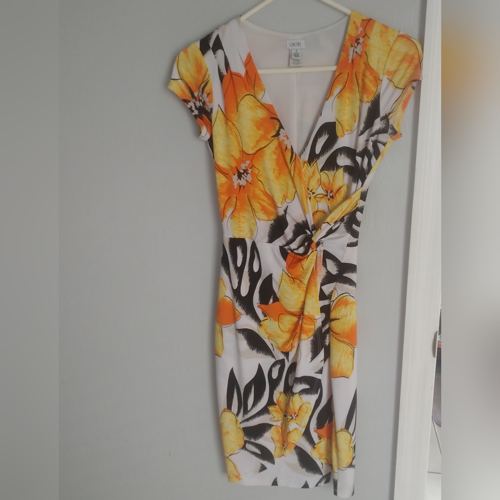 Cache Yellow and Black Floral Midi Dress Size S
